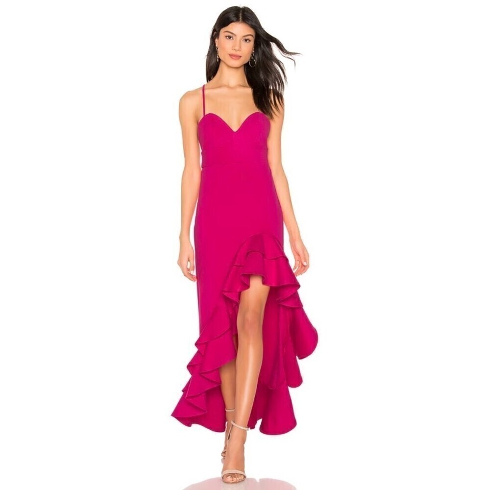 NBD Toryanne Ponte Knit Ruffled Hi Low Maxi Dress Prom Gown in Fuchsia Pink XS